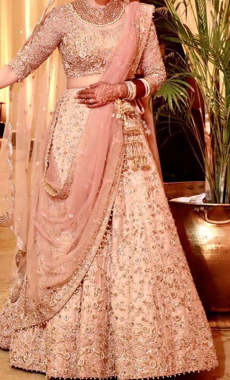 Pastel Color Dresses Indian, Peach Color Lehenga Indian Weddings, Pastel Shade Bridal Lehenga, Peach Colour Lehenga For Bride, Pastel Colour Lehenga Bridal, Luxury Traditional Peach Lehenga, Pastel Color Dress, Engagement Dress For Bride, Heavy Lehenga