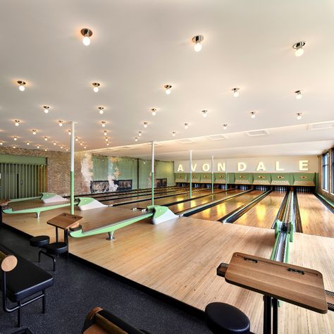 Home Bowling Alley, Range Design, Bowling Center, Vintage Bowling, Entry Lighting, Bowling Alley, Architecture Firm, Retro Chic, Architectural Digest