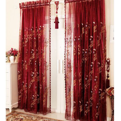 Red Curtains Bedroom, Sheer Curtains Living Room, Curtain Ideas For Living Room, Curtain Interior, Sheers Curtains Living Room, Color Block Curtains, Bangs Curtain, Pergola Curtains, String Curtains