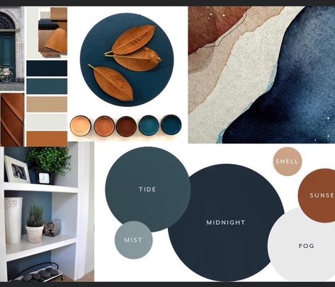 Navy Room Palette, Navy Blue Kitchen Living Room, Mountain Air Color Scheme, Blue Room Black Furniture, Rust Indigo Blush Living Room, Blue Interior Colour Palette, Unique Home Color Schemes, Cognac Living Room Color Schemes, Living Room Color Pallet Ideas Modern