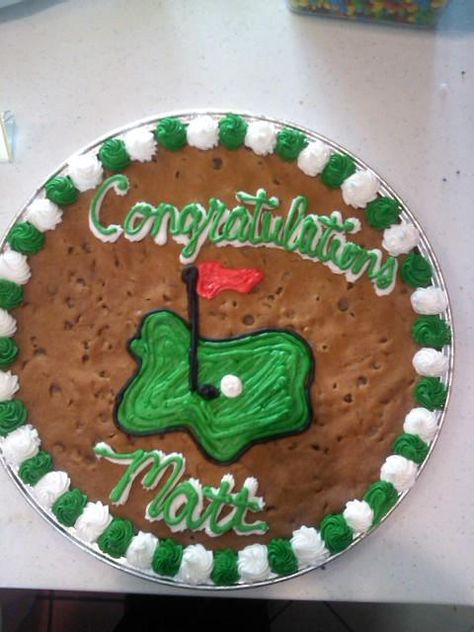 Golf themed Congratulations Cookie Cake! #nestle #nestletollhousecafe #nestletollhouse #cookie #cake #cookiecake #yum Golf Cookie Cake Birthday, Golf Themed Cookie Cake, Golf Cookie Cake Ideas, Golf Cookie Cake, Chocolate Giant Cupcake, Golf Cookies, Message Cookies, Buttercream Cookies, Giant Cookies