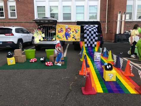 Mario Kart Backdrop Ideas, Trunk Or Treat Ideas Mario Kart, Super Mario Cart Trunk Or Treat, Super Mario Brothers Trunk Or Treat Ideas, Super Mario Trunk Or Treat Game, Mario Kart Parade Float, Spooky Mario Bros, Mario Kart Rainbow Road Trunk Or Treat, Super Mario Trunk Or Treat Ideas For Cars