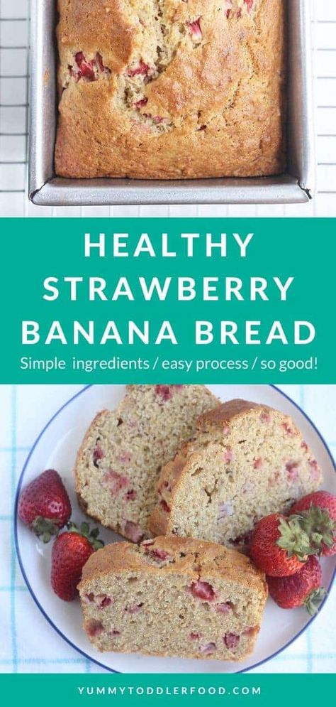 Bursting with fresh berries, this Strawberry Banana Bread is so easy to make for breakfasts and snacks. It stores well in the fridge for days, has a simple ingredient list, and is super moist. #strawberrybananabread #strawberrybread #healthybread #quickbread #toddlerbreakfast Banana Bread Low Sugar, Strawberry Muffins Healthy, Strawberry Banana Bread, Strawberry Bread, Toddler Breakfast, Healthy Strawberry, Ingredient List, Easy Strawberry, Cinnamon Banana