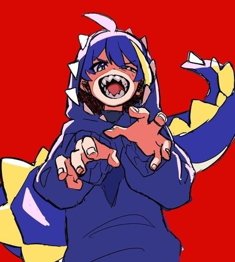 Sharp Teeth, A Drawing, Anime Character, Twitter, Red, Anime, Blue