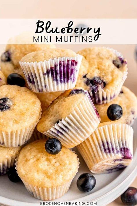 These are the best mini blueberry muffins to enjoy for breakfast or a bite size snack! They're easy to make in 30 minutes or less! Grab the recipe on brokenovenbaking.com. Small Muffin Recipe, Blueberry Muffin Recipes, Cake Flour Recipe, Mini Blueberry Muffins, Mini Muffin Recipe, Sweet Bakes, Best Blueberry Muffins, Bite Size Snacks, Toddler Recipes