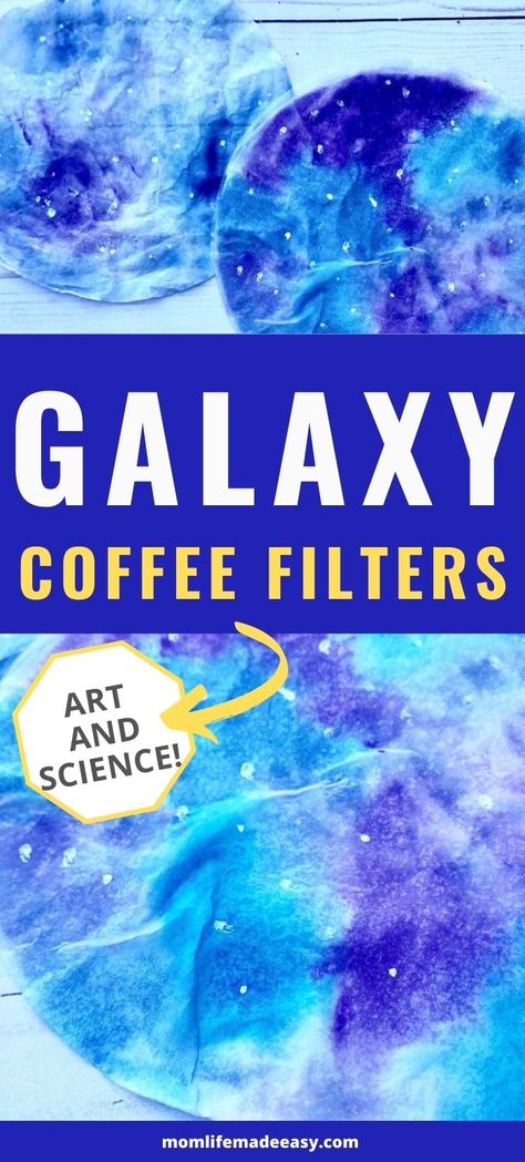 Galaxy Coffee Filter Craft, Coffee Filter Galaxy, Coffee Filter Watercolor Art, Space Art Crafts For Preschool, Galaxy Handprint Art, Space Art For Kindergarten, Preschool Galaxy Art, Galaxy Painting Preschool, Space Themed Arts And Crafts For Kids