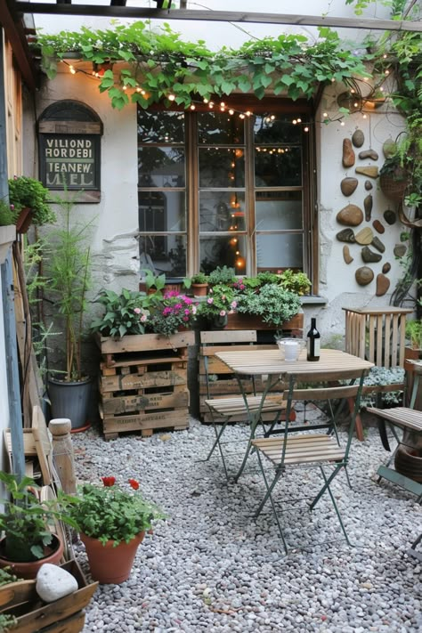 Create a rustic retreat on your patio with these whimsical ideas. Incorporate weathered wood, antique accents, and cozy textiles to evoke a charming countryside vibe in your outdoor space. #RusticRetreat #PatioDecor #WhimsicalCharm Whimsical Side Yard, Small Garden Patio Ideas On A Budget, Hammock In Garden Ideas, Tiny English Garden, Garden Alleyway Ideas, Small Wood Patio, Wood Patio Ideas, Tiny Courtyard Ideas, Small Walled Garden