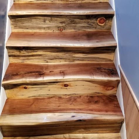 Live edge black walnut stairs Live Edge Stairs Staircases, Live Edge Wood Stairs, Live Edge Steps, Live Edge Staircase, Live Edge Stair Treads, Live Edge Stairs, Craftsman Interior Doors, Cabin Stairs, Basement Steps