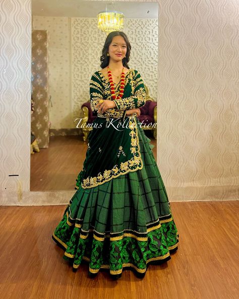 A classic green Gurung /magar dress that speaks of heritage, grace, and modern sophistication.#tamuskollection #ethinicwear #gurungdress #grgdress #magardress #mgrdress #tamangdress #traditionalwear #onlineboutique #onlineshopping #fashion #fyp #nepalifashion #nepaliboutique #gunyocholo #nepalboutique Magar Dress, Nepali Dress, Gurung Dress, Online Boutique, Boutique, Green, How To Wear, Quick Saves