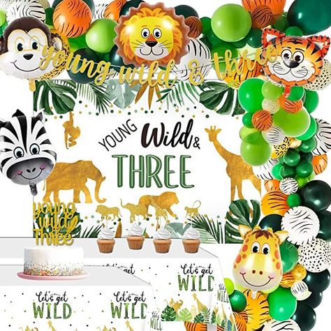 *affiliate link. FVABO Young Wild And Three Decorations - Jungle Safari Theme 3rd Birthday Decorations for Boy Girl Include Backdrop, Balloons Arch, Banner, Tablecloth, Cake Topper, Young Wild And Three Party Supplies. 3 year old party ideas. 3rd birthday ideas. 3 year old party. Wild 3rd birthday. Safari birthday. Wild And Three Decorations, Wild And Three Party, 3rd Birthday Decorations, Third Birthday Boys, Jungle Safari Theme, Safari Party Decorations, Jungle Balloons, Jungle Theme Birthday Party, Young Wild And Three