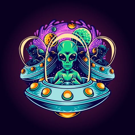 Alien terror illustration Premium Vector | Premium Vector #Freepik #vector #alien #spaceship #ufo #scary Spaceship Drawing, Alien Vector, Monsters Vs Aliens, Ufo Art, Alien Drawings, Alien Spaceship, Psychadelic Art, Ad Illustration, Arte Punk