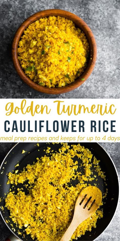 Gold turmeric cauliflower rice Tumeric Cauliflower, Lean Meal Plan, Turmeric Cauliflower, Cauliflower Rice Recipes, Turmeric Recipes, 140 Pounds, Mediterranean Diet Recipes, Cauliflower Recipes, Whole 30 Recipes