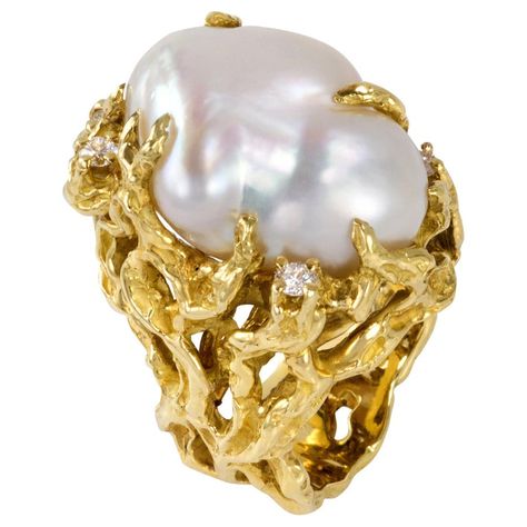 1970s Arthur King Baroque South Sea Pearl, Diamond and Gold Ring White Pearl Ring, Pearl Birthstone, Pearl And Diamond Ring, Ring With Diamond, Bold And Beautiful, Sea Pearls, Pearl Diamond, Traditional Jewelry, Gold Band