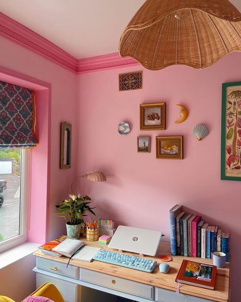 Maximalism Room, Eclectic Office, Colourful Eclectic, Colorful Eclectic Home, Guest Room Office Combo, Pink Office Decor, Colorful Homes, Pink Office, My First Love