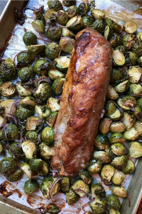 Sheet Pan Pork Tenderloin with Maple Rosemary Brussels Sprouts recipe from RecipeGirl.com #sheet #pan #pork #tenderloin #maple #rosemary #brussels #sprouts #recipe #RecipeGirl Recipes Using Pork Tenderloin, Pork Tenerloin, Brussel Sprouts In Oven, Tender Pork Tenderloin, Maple Brussel Sprouts, Sheet Pan Pork Tenderloin, Rosemary Pork Tenderloin, Baked Pork Loin, Sheet Pan Pork