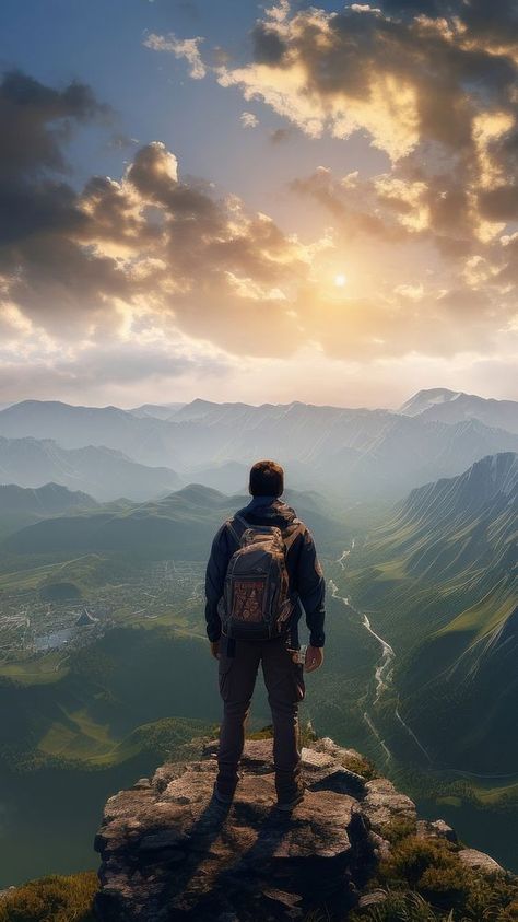 Photo of a backpacker on the top of the mountain. AI generated Image by rawpixel.  | premium image by rawpixel.com / Tung Tourism Images, Travel Magazine Design, Iphone Wallpaper Dark, Man Hiking, Image Cloud, Best Video Ever, Bull Tattoos, Tøp Wallpaper, Mountain Background