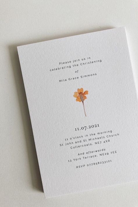 Minimalist Baptismal Invitation, Baby Christening Ideas, Baptismal Invitation, Baby Dedication Party, Baby Dedication Invitation, Graphic Design Invitation, Dedication Invitations, Wildflower Theme, Christening Invitations Girl