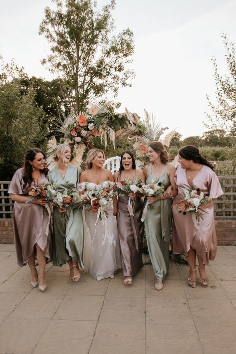 Danie's girls wore a mix of Mink, Sage Green and Rose Pink Satin bridesmaids dresses. Styles were a mix of our slip dress - Brooklyn, and wrap dress - The Florence Waterfall. Pink And Green Bridesmaids, Green And Pink Bridesmaid Dresses, Pink And Green Bridesmaid Dresses, Bridesmaid Color, Modern Bridesmaid Dresses, Bridesmaid Wrap, Waterfall Dress, Brooklyn Dress, Wrap Dress Bridesmaid