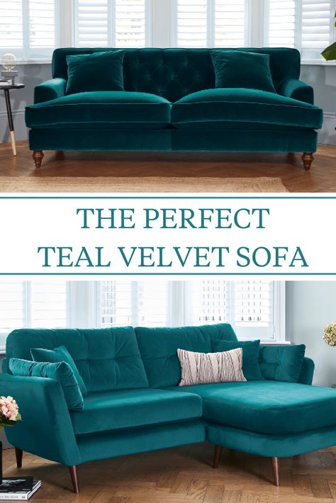 Teal sofas, teal velvet sofas even are the perfect home decor piece for the autumn and winter. It's the ideal colour and becoming so popular. Rich, decadent and luxurious, it works in modern homes and more traditional decor too. What's not to love! #darlingsofchelsea #tealsofa #bluesofa #tealvelvetsofa #velvetsofa Teal Velvet Sofas, Teal Sofa Living Room, Teal Velvet Sofa, Teal Living Room Decor, Velvet Sofa Living Room, Corner Sofa Living Room, Velvet Sofas, Teal Living Rooms, Teal Sofa