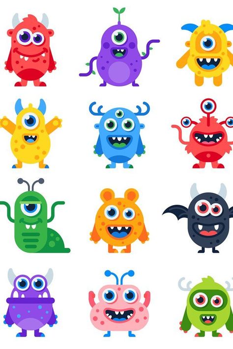 Download Cute cartoon monsters. Comic halloween joyful monster charac (959693) instantly now! Trusted by millions + EASY to use Design Files + Full Support.. #HalloweenClipart #CuteHalloween #SpookyCuteness #HalloweenArt Cute Cartoon Monsters, Monster Quilt, Silly Monsters, Monster Shapes, Monster Clipart, Monster Pictures, Monster Cartoon, Halloween Monsters, Monster Craft