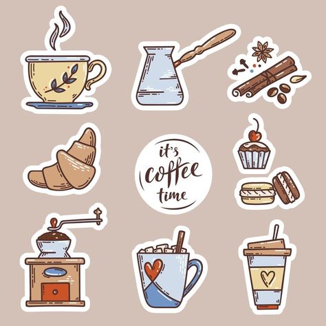 Coffee Sticker Design, Drinks Packaging Design, Drawing Ideas List, Coffee Vector, Drink Stickers, Cute Laptop Stickers, Coffee Illustration, Coffee Cup Design, Coffee Theme