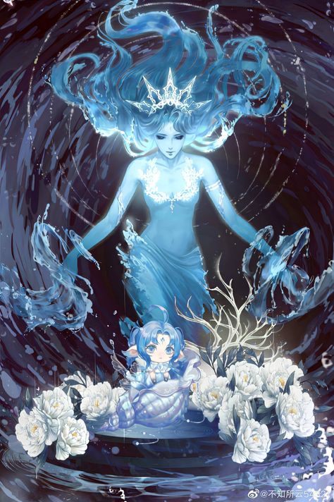 Blue Hair Goddess Art, Water Goddess Drawing, Water Queen Art, Water God Character Design, Water Elemental Art, Water Goddess Character Design, Water Hair Art, Water Elemental Female, Water Element Outfit