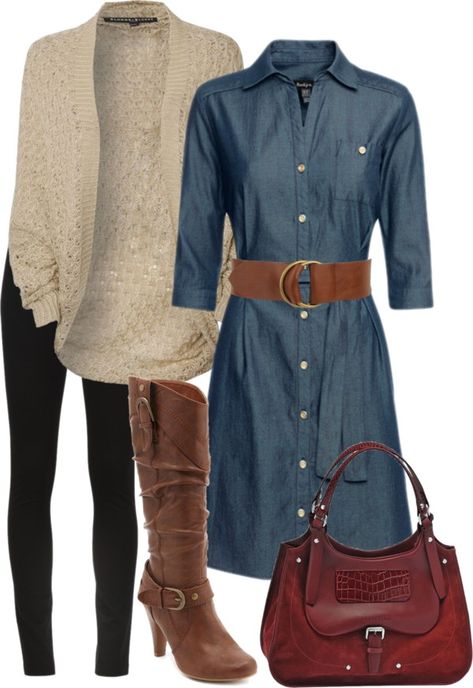 and I have this in my closet already! great ideas to put it all togethor~ Long Chambray Dress Outfit, Denim Dress Outfit Fall, Minimalisticky Chic, Vestiti In Jeans, Chambray Shirts, Jean Dresses, Looks Jeans, Office Wardrobe, Fall Attire