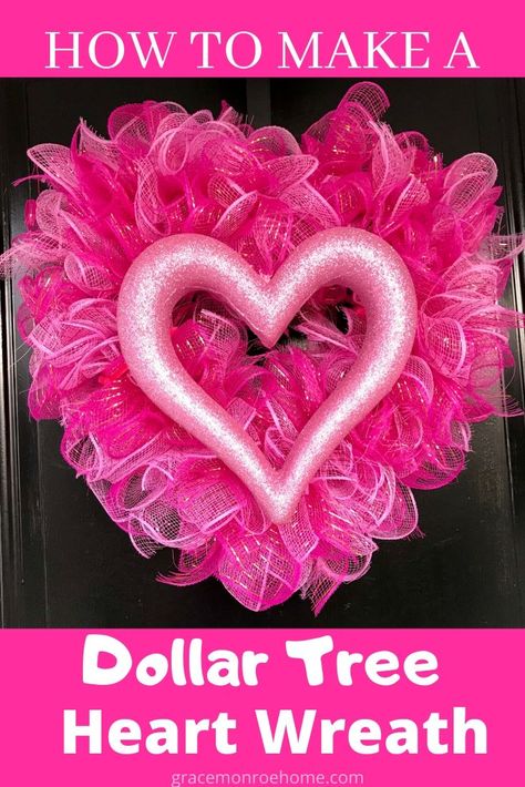 How to Make a SUPER EASY Heart Wreath! #meshwreath #ruffle #dollartree #crafts #diywreaths #decomesh Ribbon Wreath Ideas, Diy With Yarn, Dollar Tree Heart Wreath, Diy Heart Wreath, Heart Wreath Frame, Valentine Wreath Craft, Wire Heart Wreath, Grace Monroe, Heart Wreath Diy