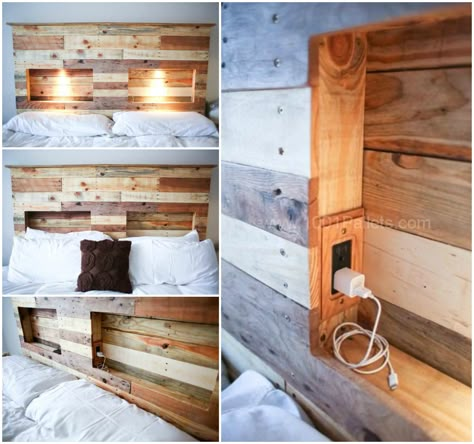 #Light, #PalletBed, #PalletHeadboard A cool headboard made from recycled pallets and with integrated lights! Pallet Headboard With Lights, Diy Pallet Headboard, Rustic Wooden Headboard, Headboard Headboard, Pallet Bed Headboard, Cool Headboards, Pallet Headboard Diy, Diy Pallet Bed, Pallet Headboard