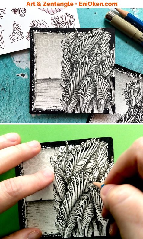 Learn to understand and tangle the pattern Phossil while creating a beautiful landscape picture. Zentangle video lesson by Eni Oken, CZT Beautiful Landscape Pictures, Eni Oken, Zentangle Tiles, Doddle Art, Zentangle Artwork, Doodles Zentangles, Sketchbook Ideas, Zen Doodle, Landscape Pictures