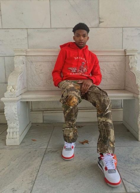 Red 4s Outfit, Fire Red 4s Outfit, Red Hoodie Outfit Men, Fire Red Outfit, Fire Red 4s, 4s Outfit, Men Streetwear Fashion, Hoodie Outfit Men, Teen Boy Outfits