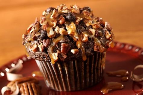 Turtle Muffins | General Mills Foodservice Sweet Surrender, General Mills, Caramel Topping, Chocolate Nuts, Muffin Recipe, Clothing Gifts, Chocolate Muffins, Muffin Cups, Convection Oven