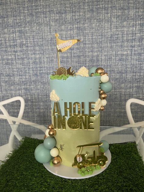 First birthday theme Hole in one birthday cake Golf party Hole In One Birthday Cake, Hole In One Cake, One Birthday Cake, First Birthday Theme, One Cake, Golf Party, First Birthday Themes, First Birthday Cakes, Hole In One