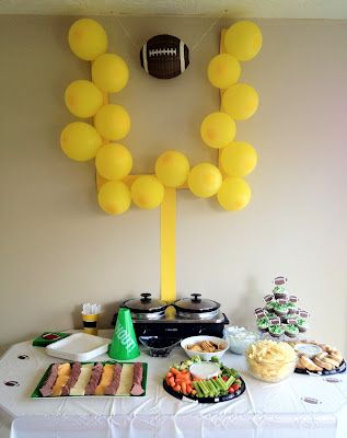 Football party idea!  The yellow posterboard and yellow balloons cost under $2.00.  I would suggest tacks for hanging it up.  Find any football that you can hang and ta da! Superbowl Office Party Ideas, Chiefs Themed Food, Tailgate Theme Party, Football Dinner, Diy Super Bowl, Football Themed Party, Super Bowl Decorations, Football Banquet, Football Cupcakes