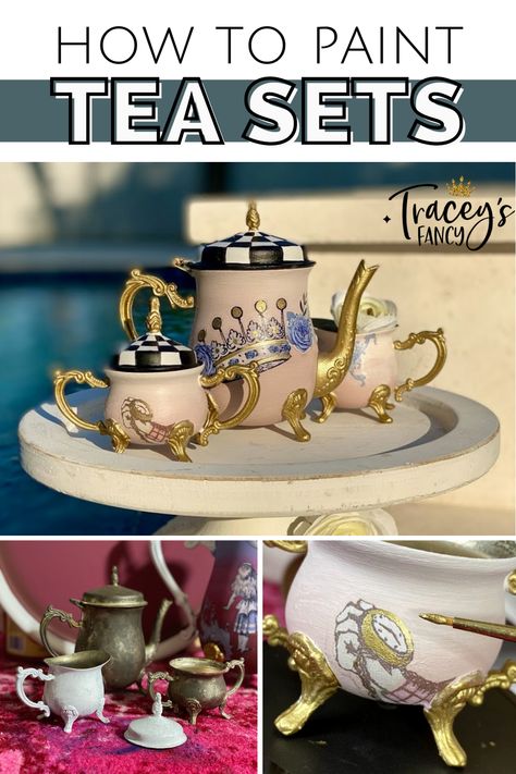 Mackenzie Childs Diy, Silver Tea Service, Silver Plated Tea Set, Whimsical Painted Furniture, Painted Teapot, Vintage Tea Sets, Boho Crafts Diy, Silver Tea Set, Painted Clay Pots