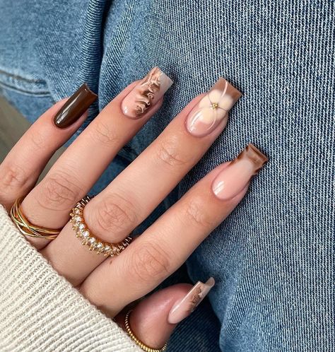 Square Brown Nails, Classy Brown Nails, Brown Gel Nails, Brown Nail Art, Nude Nail Designs, Trendy Nail Art Designs, French Acrylic Nails, Nail Swag, Brown Nails