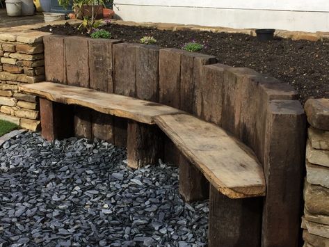 Sleepers Garden, Railway Sleepers Garden, Sleeper Wall, Backyard Habitat, Sleepers In Garden, Yard Wall, Garden Seating Area, Railway Sleepers, Sunken Garden