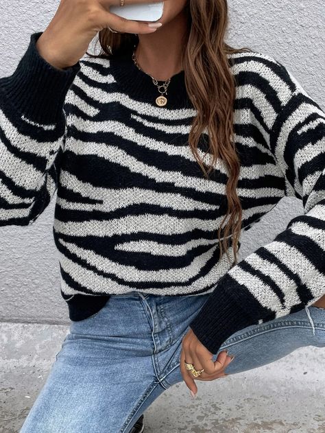 Black and White Casual  Long Sleeve Polyester Zebra Stripe Pullovers  Slight Stretch Fall/Winter Women Knitwear Zebra Sweater, Crochet Zebra, Drop Shoulder Sweater, Chenille Sweater, Women Sweaters, Sweatshirt Outfit, Drop Shoulder Sweaters, Winter Tops, White Casual