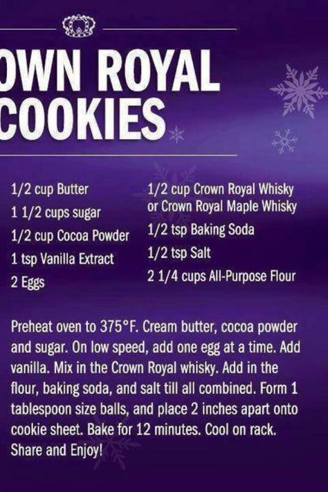 Crown Royal Cookies Royal Cookies Recipe, Crown Royal Cookies, Crown Royal Vanilla, Crown Royal Recipes, Jack Daniels Recipes, Boozy Baking, Royal Cookies, Dessert Recipes Cookies, Soda Cup