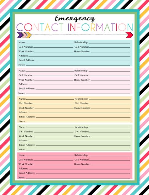 Printables Organizational, Emergency Contact Form, Emergency Contact List, Simple Camping, Organizational Printables, Emergency Binder, Contact Sheet, Phone Template, Home Binder