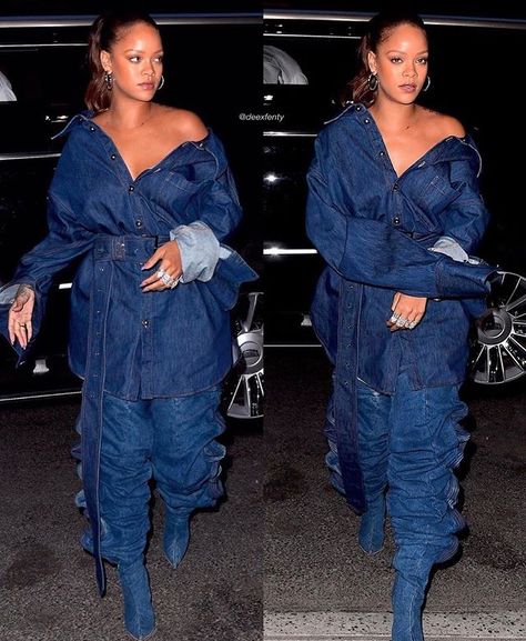 Looks Rihanna, Rihanna Love, Rihanna Style, Denim Boots, Y Project, Oversized Denim Jacket, Girls Fashion Clothes, African Fashion Dresses, Denim Outfit