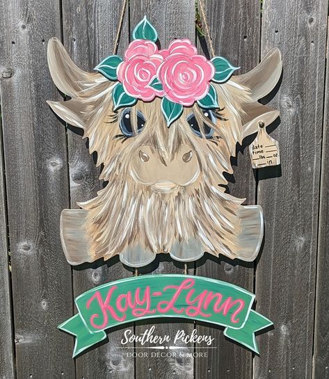 Another Highland Cow baby girl door hanger is out the door! This has been the biggest baby door hanger seller so far this year. I guess it's the year of the Highlands ❤️ Miss Kay-Lynn is ready to make her grand entrance into the world! 🌸 #highlandcow #highlandbaby #babydoorhanger #babygirl #babycow Cow Door Hanger Baby, Cow Hospital Door Hanger, Highland Cow With Flower Crown, Baby Girl Door Hanger, Cow With Flower Crown, Cow Door Hanger, Door Hanger Baby, Baby Door Hanger, Highland Cow Baby