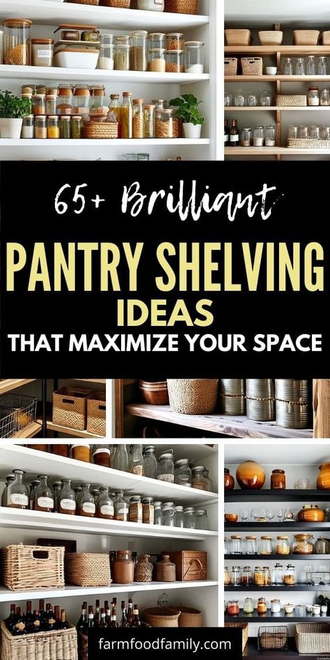 65+ Clever Kitchen Pantry Shelving Ideas and Designs (Photos) 146 Shelving Ideas For Storage Room, Open Shelved Pantry, Pantry Beverage Station, Efficient Pantry Design, Shelving For Pantry Closet, Wood Shelves For Pantry, Pantry Shelves With Brackets, Country Pantry Farmhouse Style, Rustic Pantry Ideas