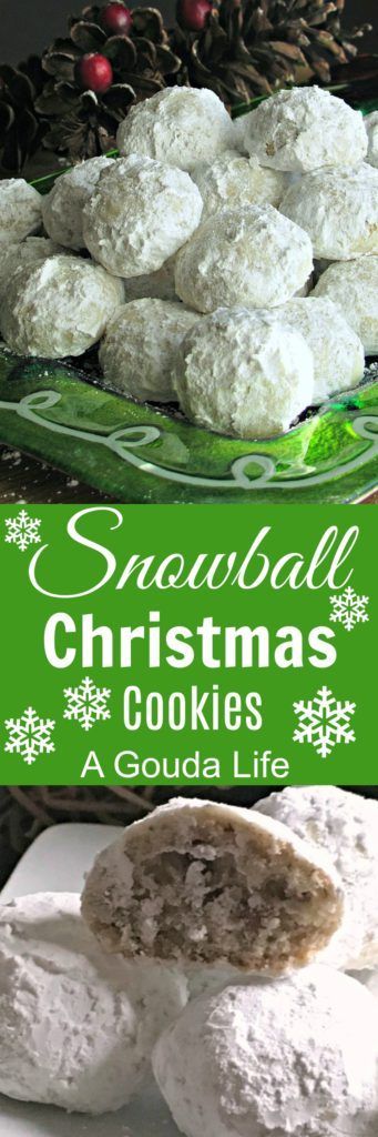 Snowball Christmas Cookies aka Russian Tea Cakes, Butterball Cookies and Mexican Wedding Cookies. Buttery, nutty, melt-in-your-mouth shortbread lightly dusted with confectioners sugar.  A holiday must! Holiday Christmas Cookies, Snowball Christmas Cookies, Butterball Cookies, Russian Tea Cakes, Pecan Snowball Cookies, Snowball Cookie Recipe, Russian Tea Cake, Mexican Wedding Cookies, Holiday Cookies Christmas