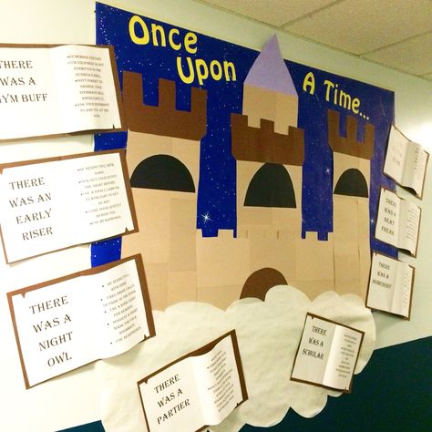 Once upon a time board. Tips on how roommates can coexist in a room peacefully. Once Upon A Book Fair, Once Upon A Time Bulletin Board, Fairy Tale Bulletin Board, 4h Fair, Res Life Bulletin Boards, Ra Themes, Fair Theme, Library Book Displays, Fun Christmas Party Games