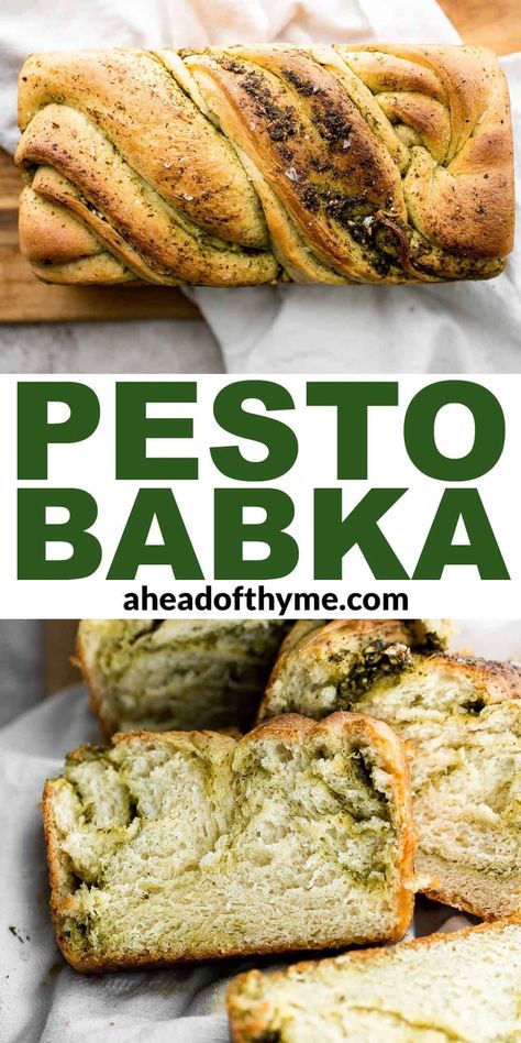 Pesto babka is a showstopping loaf of bread that is delicious, flavorful, and gorgeous. For a bread that looks complicated to make, it is surprisingly easy! With a crunchy crust, a soft and fluffy interior, and a delicious savory garlic and pesto filling that is showcased in beautiful twists and turns, this babka bread is a total crowd favorite. It's a perfect bread to serve during the holidays. | aheadofthyme.com #pestobabka #babka #jewishbabka #homemadebabka #savorybabka via @aheadofthyme Babka Bread, Beginners Bread Recipe, Easter Dinner Table, Thyme Recipes, Loaf Of Bread, 30 Minute Meals, Bread Recipes Homemade, Instant Yeast, Bread Rolls