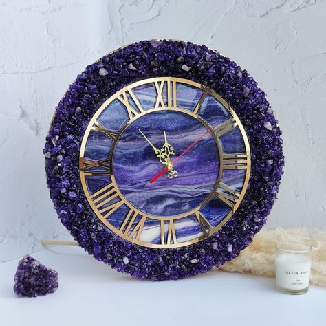 Amethyst Wall Clock Unique Wall Clock Purple Resin Clock - Etsy Canada Resin Geode Wall Clock, Geode Wall Clock, Geode Clock Resin, Resin Photo Clock Ideas, Unique Resin Clock Ideas, Resin Nameplate, Fairy Cave, Geode Resin Art, Clock Resin