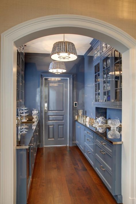 Douglas VanderHorn Architects | Butler's Pantry Kitchen Butlers Pantry, Fine Paints Of Europe, Lacquered Walls, Butler’s Pantry, Shingle Style Homes, Butlers Pantry, Classic Kitchen, Blue Cabinets, Butler Pantry