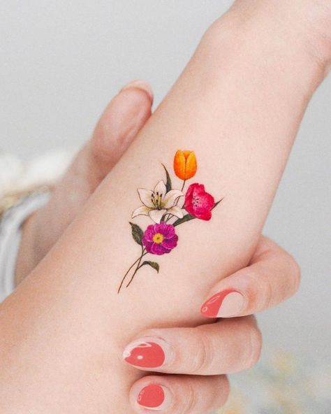 Colorful Flower Tattoo, Small Forearm Tattoos, Tattoos For Women Flowers, Beautiful Flower Tattoos, Small Flower Tattoos, Tatuaje A Color, Wrist Tattoos For Women, Blossom Tattoo, Cherry Blossom Tattoo