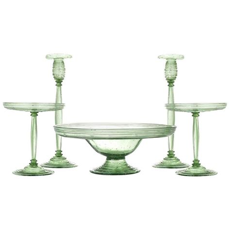 Steuben Glass Glass - Steuben Pomona 5 Piece Garniture Set Circa 1920S American Art Deco Glass Book Notes, Steuben Glass, Tall Candlesticks, Client List, Large Centerpiece, His Style, Art Deco Chandelier, Art Deco Pendant, Luxe Life